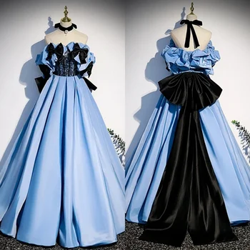 Вечернее платье, черные, синие банты с открытыми плечами, Короткие рукава, на шнуровке, Трапециевидная складка длиной до пола, плюс размер, индивидуальное вечернее платье