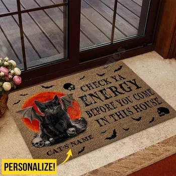 Хэллоуин Проверьте Ya Energy Black Cat Пользовательское Имя Половик 3D По Всему Периметру Напечатанный половик Нескользящие Дверные Коврики Декор Крыльца Половик