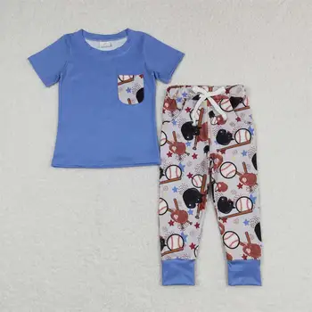 Оптовая продажа Бальный костюм для мальчика, Синий пуловер с короткими рукавами и карманами, футболка, Детские штаны, Комплект брюк для младенцев