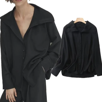 Черная рубашка Elmsk с большим отворотом во французском ленивом стиле, осенняя хлопковая льняная рубашка свободного покроя с длинными рукавами, повседневная блузка для женщин