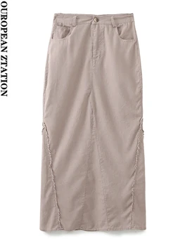 PAILETE Женская мода 2023 года, льняная юбка миди с карманами спереди, винтажные женские юбки на молнии со средней талией, mujer